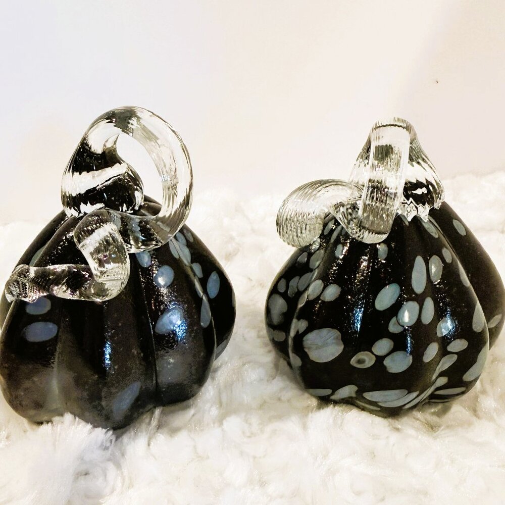 Unique Hand Blown Glass Pumpkin Black w white accent dots and clear stem - pair